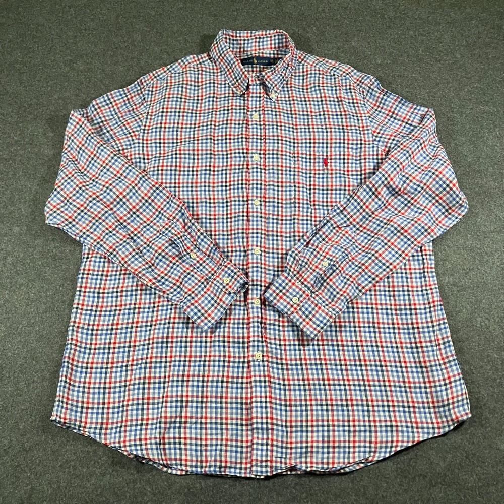 Ralph Lauren Button Down Mens 2XL Red Blue Gingham Check 100% Linen Long Sleeve